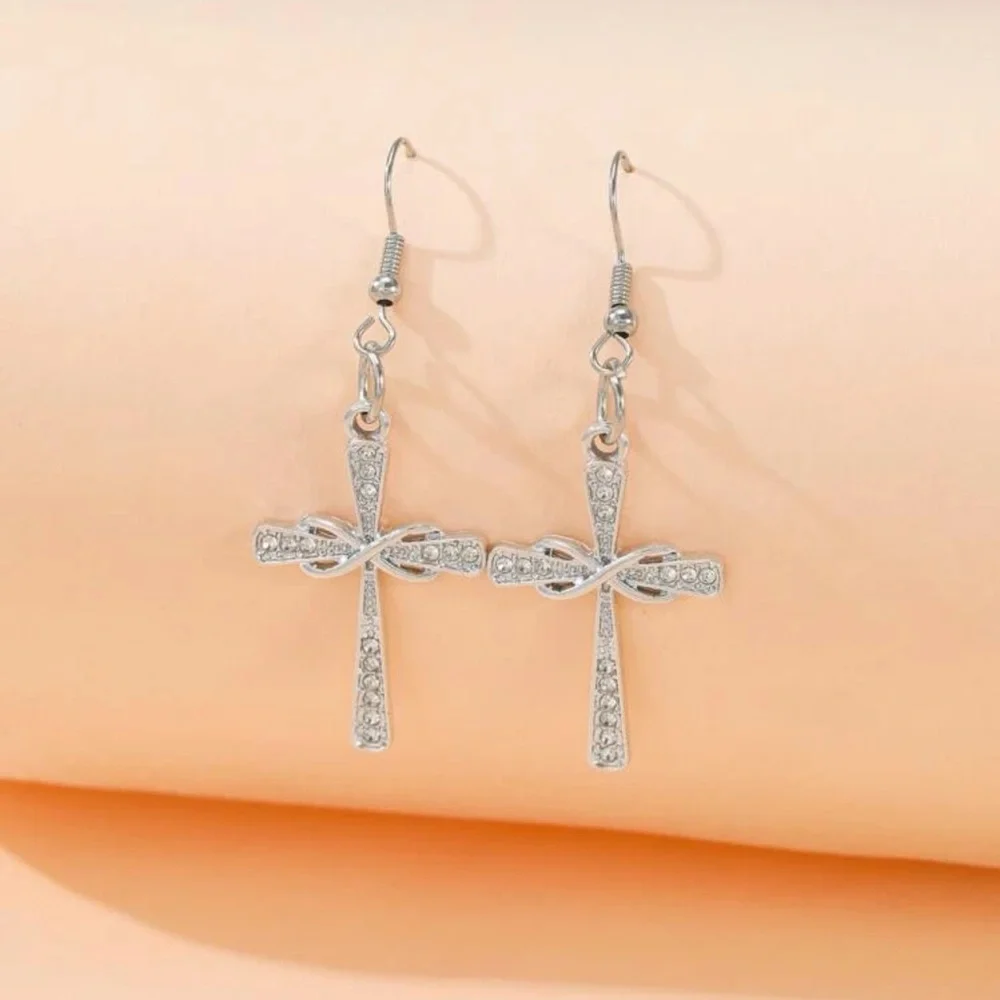 New Woman’s Sterling Silver Infinity Crucifix Cross White Sapphire Earrings